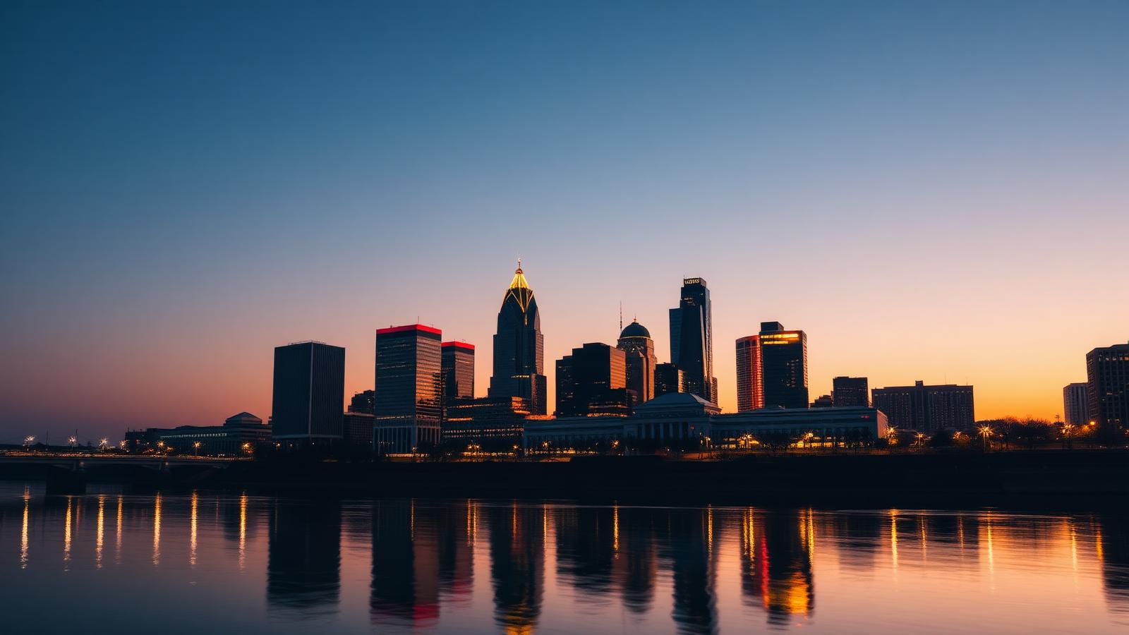 Columbus, Ohio skyline at dusk along the Scioto River